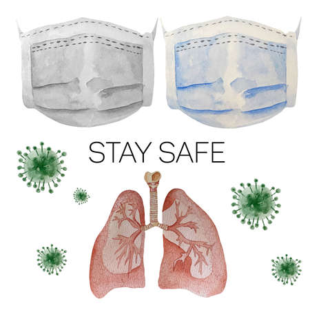 Watercolor protection face mask against coronavirus, pollution, virus, flu. Personal hygiene product. Medical mask illustration isolated on white background. Health care and surgical concept.の写真素材