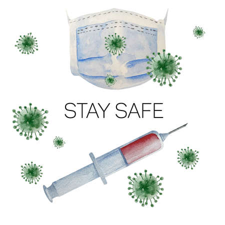 Watercolor protection face mask and vaccination against coronavirus, pollution, virus, flu. Medical mask illustration isolated on white background. Health care and surgical concept.の写真素材