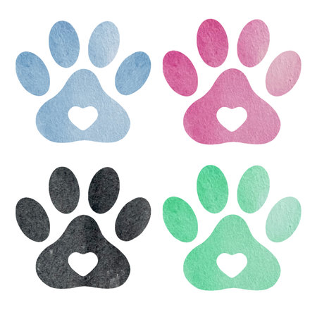 Watercolor set of blue, pink, green and black watercolor animal footprints in heart shape. Pets footprint. Paw footprint illustrationの写真素材
