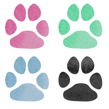 Watercolor set of blue, pink, green and black watercolor animal footprints. Pets footprint. Paw footprint illustrationの写真素材