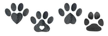 Watercolor set of isolated hand drawn black watercolor animal footprints. Pets footprint. Paw footprint illustrationの写真素材