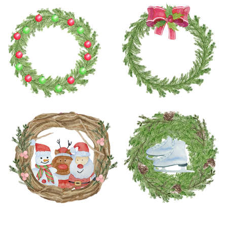 Set of watercolor traditional christmas pine tree wreath with red and green balls. Xmas wreath with dry branches and Santa Clausの写真素材