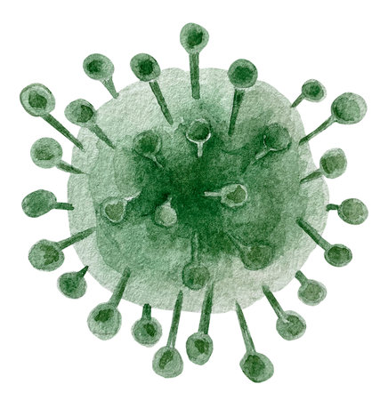 Watercolor illustration of green coronavirus cell isolated on whiteの写真素材