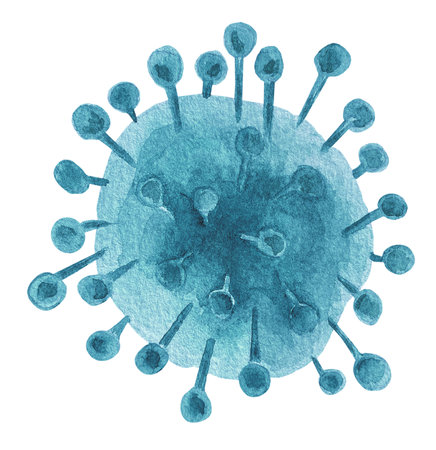 Watercolor illustration of blue coronavirus cell isolated on whiteの写真素材