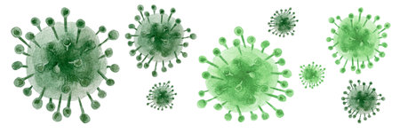 Coronavirus. A set of three stylized images of viruses. Watercolor illustration. Green virus with spots and strokes.の写真素材