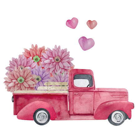 Watercolor retro truck with flowers and balloons. Valentine's day truck.の写真素材