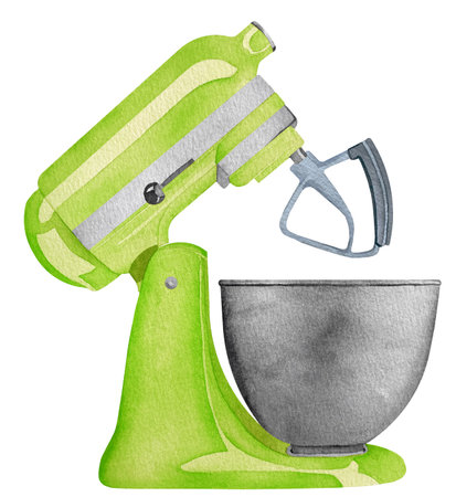 Watercolor Green Mixer illustration. Tool for a pastry chef for baking, dough, cream, etc. Watercolor pink mixer with Dough Hook. Watercolor Baking supplies for diy bakery logoの写真素材