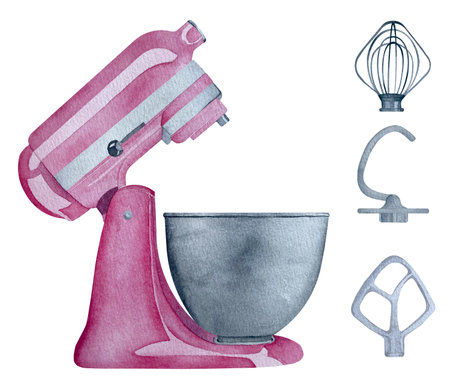 Watercolor Pink Mixer illustration. Tool for a pastry chef for baking, dough, cream, etc. Watercolor pink mixer with Dough Hook. Watercolor Baking supplies for diy bakery logoの写真素材
