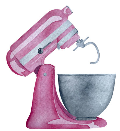 Watercolor Pink Mixer illustration. Tool for a pastry chef for baking, dough, cream, etc. Watercolor pink mixer with Dough Hook. Watercolor Baking supplies for diy bakery logoの写真素材