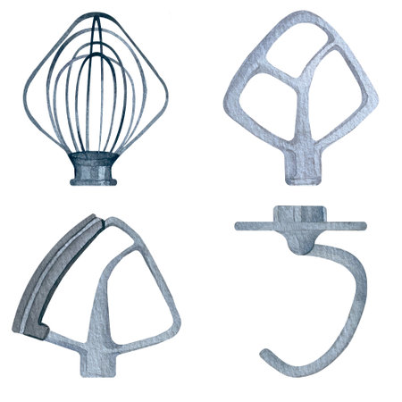 Realistic watercolor Mixer attachments illustration. watercolor Overhead shot of kitchen appliances and attachments for a planetary mixer . Watercolor Baking supplies for diy bakery logo.の写真素材
