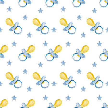Blue watercolor baby boy seamless pattern with pacifier. Baby blue paint brush stroke background.の写真素材
