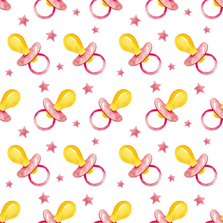 Pink watercolor baby girl seamless pattern with pacifier. Baby pink paint brush stroke background.の写真素材