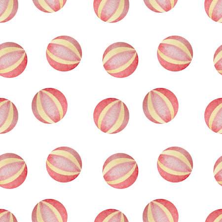 Pink watercolor baby girl seamless pattern with ball. Baby pink paint brush stroke background.の写真素材
