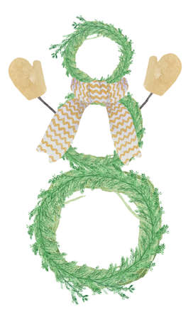 Christmas Snowman made of wreaths. Traditional watercolor christmas pine tree wreath. Xmas green wreath with mittens isolated on white. fireplace decor. Xmas front door decor watercolorの写真素材