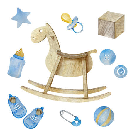 Watercolor baby boy blue elements with wooden toys. Rocking horse, pacifier, bottle and pin illustration. Its a boy setの写真素材
