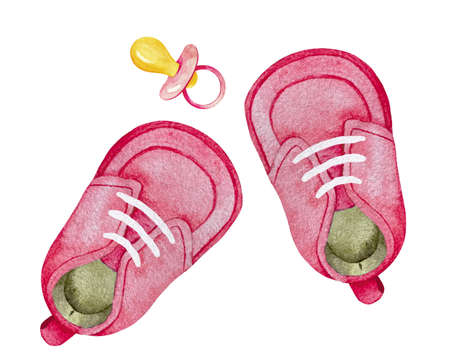 Watercolor pink shoes for baby girl with white laces and pacifier top view isolated on whiteの写真素材