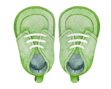 Watercolor green shoes for baby boy and girl with white laces top view isolated on whiteの写真素材