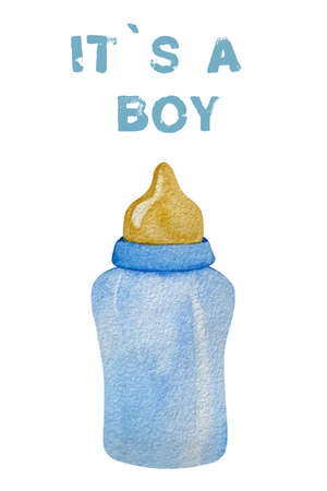 Watercolor blue baby boy shower set. Its a boy theme with milk bottle. Its a boy illustrationの写真素材