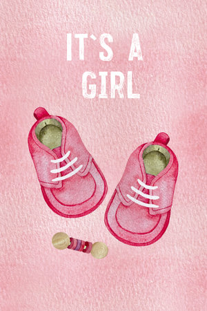 Watercolor blue baby girl shower set. Its a girl theme with shoes and toy on pink background. Its a girl illustrationの写真素材