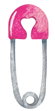 Watercolor baby girl diaper pin on a white background. Pink kids pin with heart shape isolated on whiteの写真素材