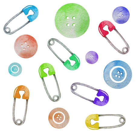 Watercolor colorful baby diaper pins and buttons on a white background. Rainbow spectrum kids pins and buttons with heart shape.の写真素材