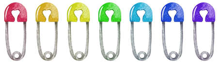 Watercolor colorful baby diaper pin on a white background. Rainbow spectrum kids pin with heart shape.の写真素材