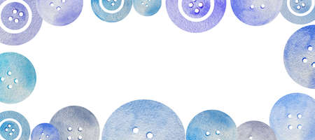 Hand drawn watercolor frame of round blue sewing button. Baby boy sewing button frame no textの写真素材