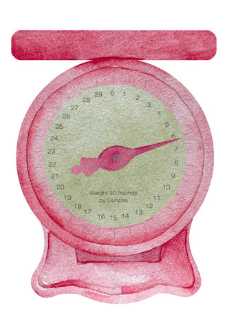 Watercolor pink old vintage weight scale for infant in pounds. Illustration of obstetric scales for baby showerの写真素材