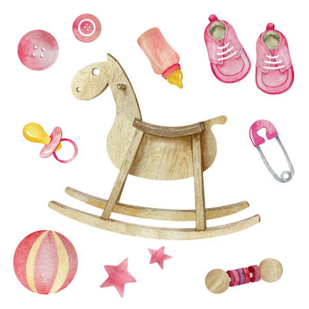 Watercolor baby girl pink elements with wooden toys. Rocking horse, pacifier, bottle and pin illustration. Its a girl setの写真素材