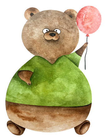 Cute Watercolor sitting bear in green shirt with red balloon. Funny bear boy. Watercolor illustration with cute bear birthdayの写真素材
