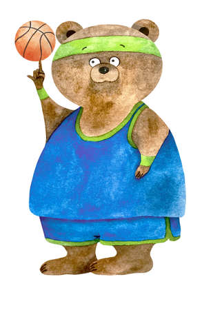 Cute Watercolor cute brown teddy bear basketball player in blue form. Cartoon sport bear with ballの写真素材