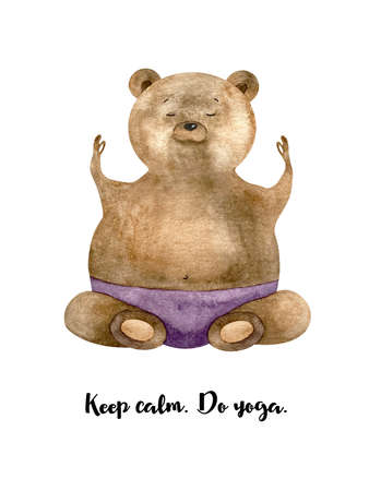 Cute Watercolor poster with sitting bear yoga in purple. Funny bear boy. Bear yoga. Keep calm Do yogaの写真素材