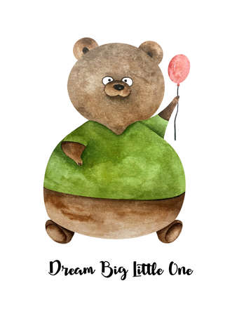 Cute Watercolor poster with sitting bear in green shirt with red balloon. Funny bear boy. Dream big little oneの写真素材