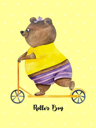 Cute Watercolor poster with cute brown teddy bear riding on orange scooter. Cartoon bear on the scooter. roller boy posterの写真素材