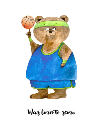 Cute Watercolor poster with brown teddy bear basketball player in blue form. Cartoon sport bear with ball. Was born to score printの写真素材