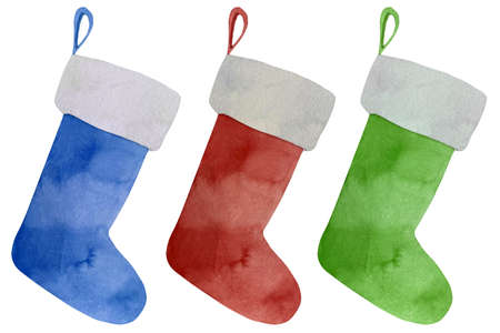 Set of traditional Christmas stockings in watercolor. Fur trim and classic red, green and blue color match socks.の写真素材