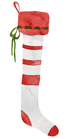 Set of traditional Christmas striped stockings in watercolor. Fur trim and classic red, green and white color match socks.の写真素材
