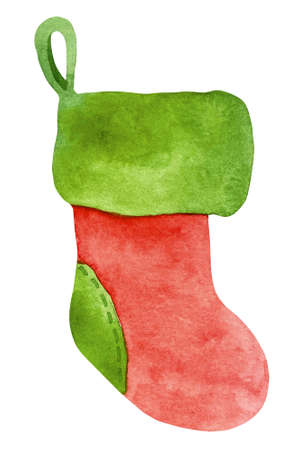 Set of traditional Christmas stockings in watercolor. Fur trim and classic red, green and white color match socks.の写真素材