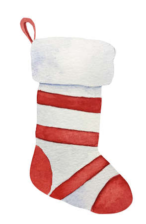 Set of traditional Christmas striped stockings in watercolor. Fur trim and classic red, green and white color match socks.の写真素材