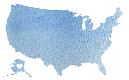 Hand drawn blue watercolor map of USA with Alaska isolated on whiteの写真素材