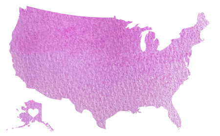 Hand drawn pink watercolor map of USA with Alaska isolated on whiteの写真素材