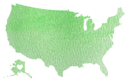Hand drawn green watercolor map of USA with Alaska isolated on whiteの写真素材