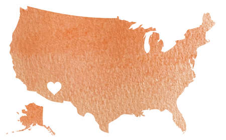 Hand drawn orange watercolor map of USA with Arizona state isolated on whiteの写真素材