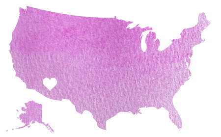 Hand drawn pink watercolor map of USA with Arizona state isolated on whiteの写真素材