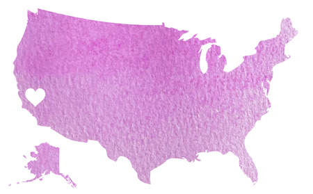 Hand drawn pink watercolor map of USA with California state isolated on whiteの写真素材