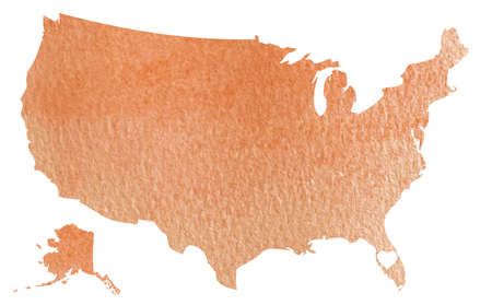 Hand drawn orange watercolor map of USA with Florida state isolated on whiteの写真素材