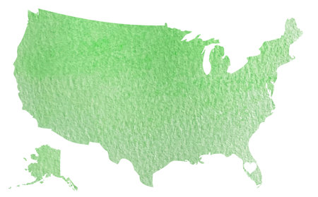 Hand drawn green watercolor map of USA with Florida state isolated on whiteの写真素材