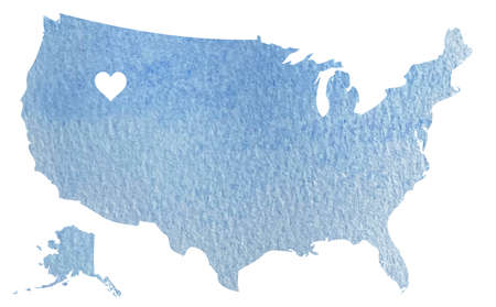 Hand drawn blue watercolor map of USA with Idaho state isolated on whiteの写真素材