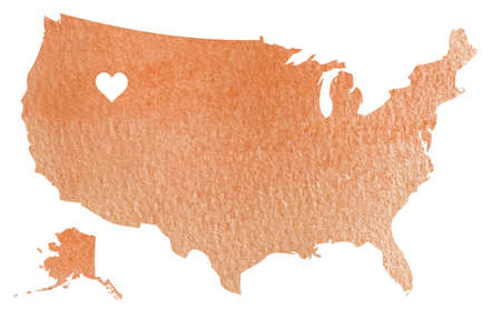 Hand drawn orange watercolor map of USA with Idaho state isolated on whiteの写真素材