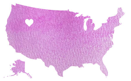 Hand drawn pink watercolor map of USA with Idaho state isolated on whiteの写真素材